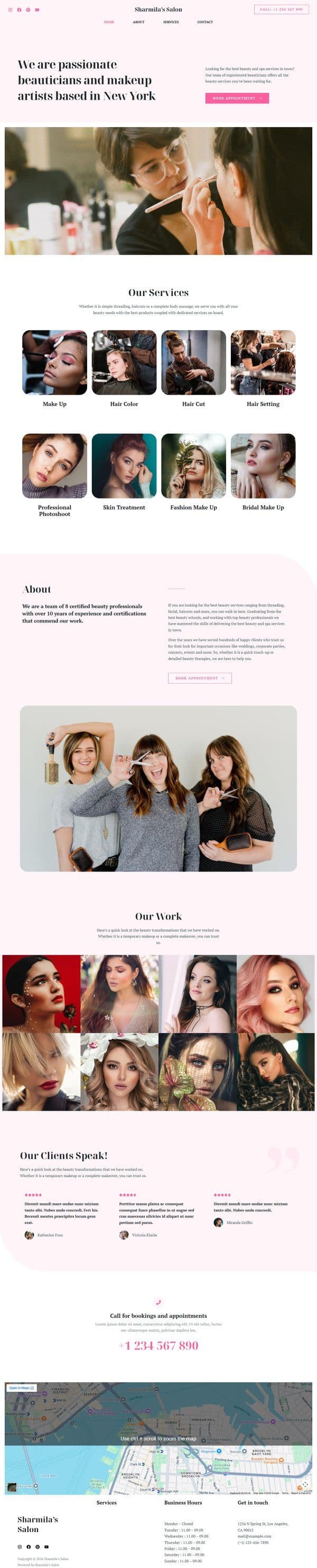 Sharmila’s Salon desktop website design preview