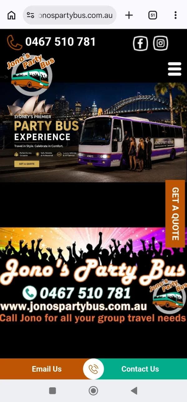 Jonos Party Bus website mobile view