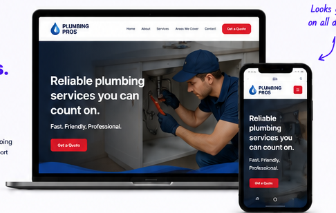 Responsive plumbing website demo shown on laptop and phone